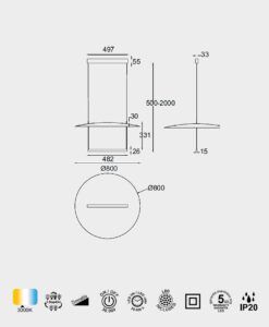 Lámpara negra 39W Ø 80 cm SUN II LED medidas