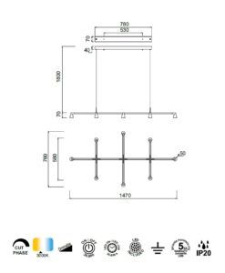 Lámpara negra 8 luces 42W AFRICA LED medidas